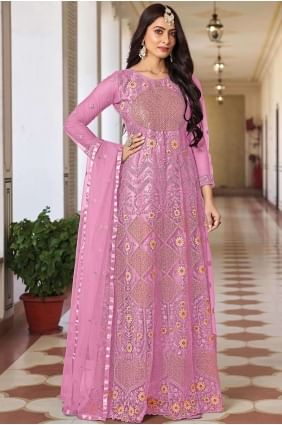 Pink Embroidered Net Anarkali Suit AS3823