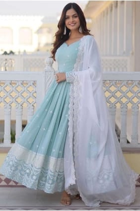 Sky blue Digital print Faux georgette Gown Dress GW0773
