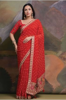 Georgette Red Saree in Sequins,printed SR26487