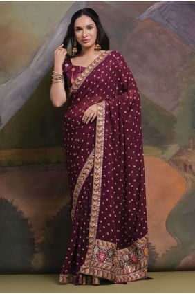 Wine Sequins,printed,Georgette Saree SR26488