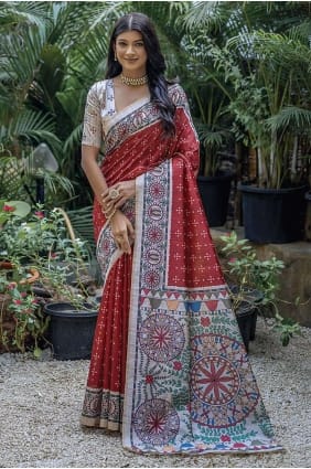 Printed Red Saree in Tussar silk SR26503