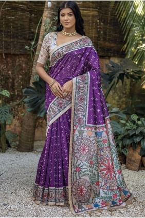 Tussar silk Purple Saree in Printed SR26504