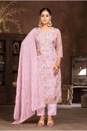 Straight Pant Suit in Peach Organza with Embroidered SK154077