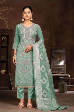Organza Green Straight Pant Suit in Embroidered SK154082