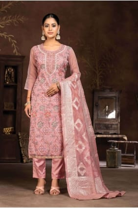 Organza Pink Straight Pant Suit in Embroidered SK154083