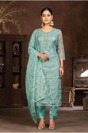 Blue Straight Pant Suit in Organza with Embroidered SK154092