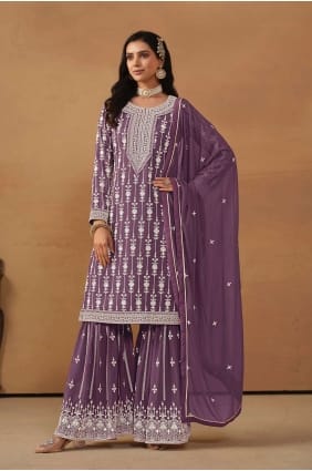 Purple Sharara Suit in Faux georgette with Embroidered SS1113