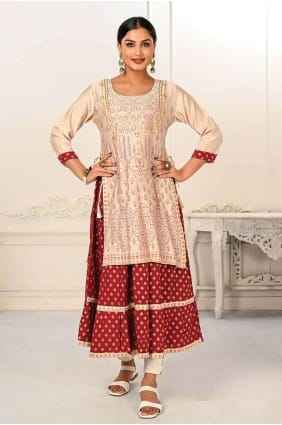 Cream Cotton Printed Kurti with Dupatta KTI2343