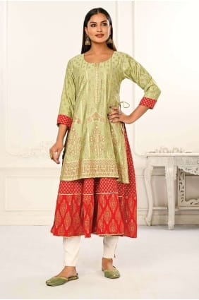 Printed Cotton Kurti in Green KTI2344
