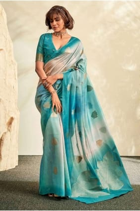 Printed Saree in Sky blue Handloom silk SR26898
