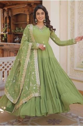 Faux georgette Embroidered Green Gown with Dupatta GW0859