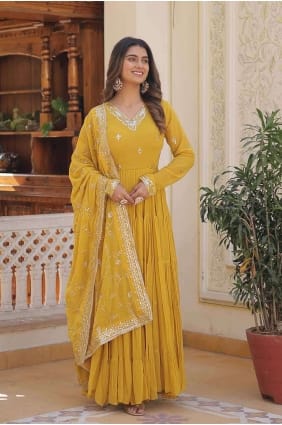 Gown Dress Yellow with Embroidered Faux georgette GW0862