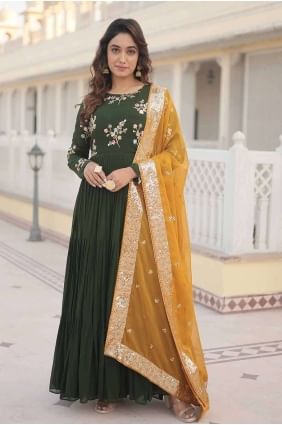 Gown Dress in Green Faux georgette Embroidered GW0863