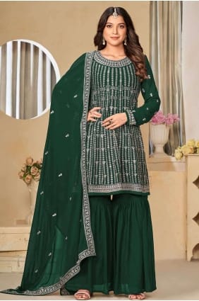 Embroidered Faux georgette Palazzo Suit in Green with Dupatta PZ4001