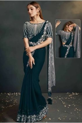 Crepe embroidered Blue Saree with Blouse SR26925