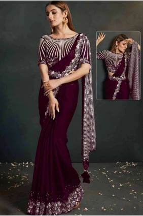 Embroidered Crepe Saree in Maroon with Blouse SR26926
