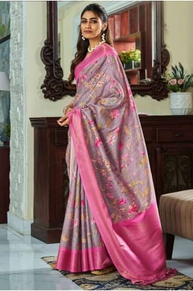 Dusty purple Saree in Weaving digital print Handloom silk SR26936