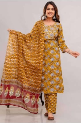 Rayon Printed Mustard Straight Pant Suit with Dupatta SK154235
