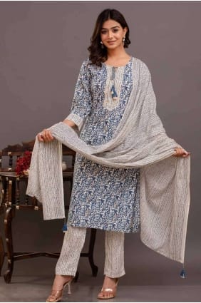 Printed Rayon Straight Pant Suit in Blue SK154236