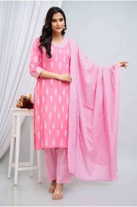 Rayon Straight Pant Suit Pink with Printed SK154238
