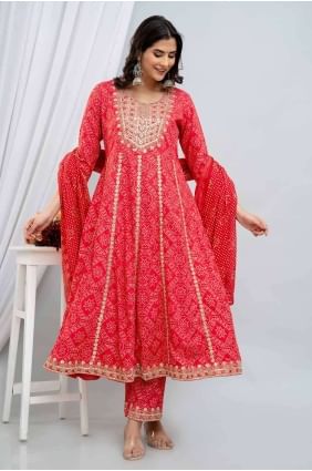 Red Rayon Printed Anarkali Suit AS3907