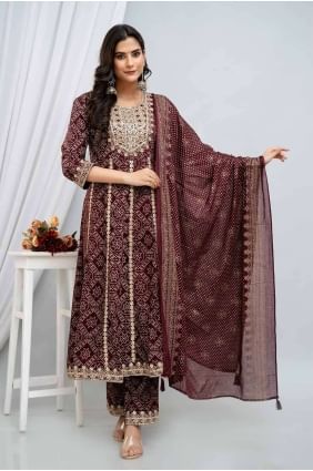 Wine Rayon Anarkali Suit in Printed AS3908