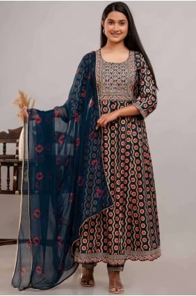 Printed Rayon Anarkali Suit Blue AS3910