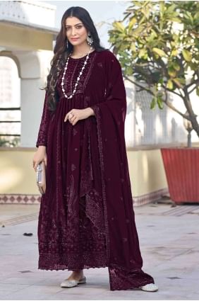 Anarkali Wine Suit in Embroidered Georgette AS3914