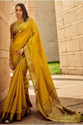 Printed weaving Handloom silk Saree in Yellow with Blouse SR26954