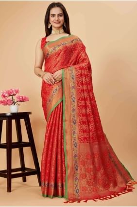 silk sari in red with weaving SR26963