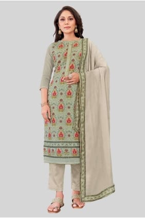 Grey Straight Pant Suit with Printed Chanderi silk SK154240