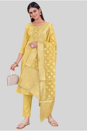 Embroidered Chanderi silk Straight Pant Suit in Yellow SK154246