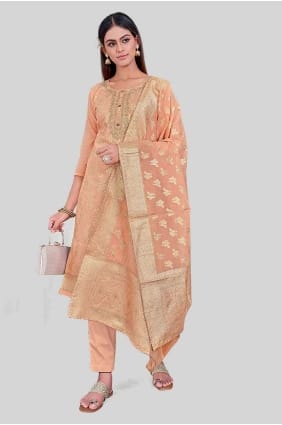 Chanderi silk Straight Pant Suit in Orange with Embroidered SK154248