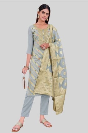 Chanderi silk Embroidered Grey Straight Pant Suit with Dupatta SK154251