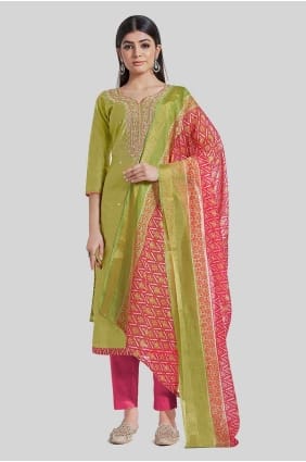 Green Embroidered Chanderi silk Straight Pant Suit SK154253