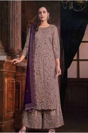 Net Straight Pant Suit with Embroidered in Mouve PZ4013