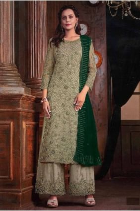 Green Straight Pant Suit with Embroidered Net PZ4014