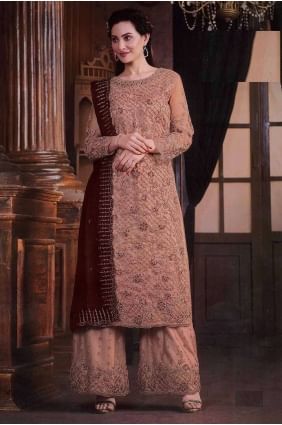 Embroidered Net Straight Pant Suit in Peach with Dupatta PZ4016