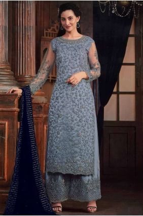 Grey Embroidered Straight Pant Suit in Net PZ4017