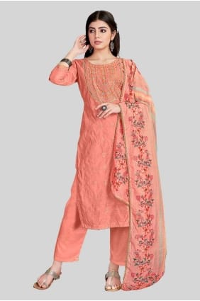 Pink Straight Pant Suit with Embroidered Chanderi silk SK154285
