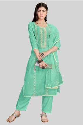 Embroidered Straight Pant Suit in Firozi Chanderi silk SK154295