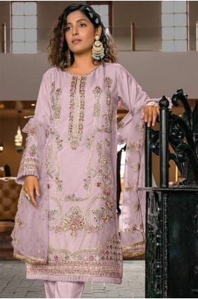 Organza Straight Pant Suit with Embroidered in Pink SK154281