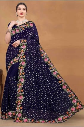 Georgette Blue Saree in Embroidered SR26982