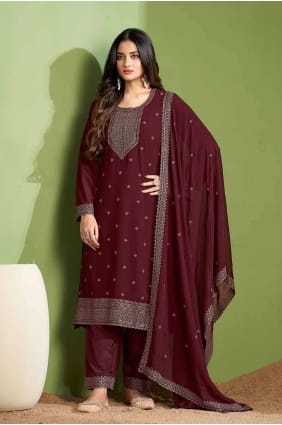 Embroidered Georgette Salwar Kameez in Maroon with Dupatta SK154324