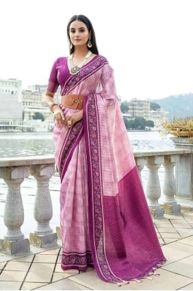 Printed Silk Saree in Pink with Blouse SR26986