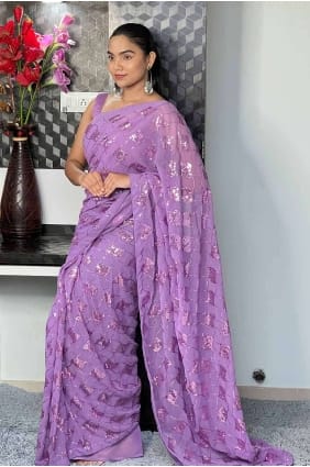 Georgette Embroidered Lavender Saree with Blouse SR27022