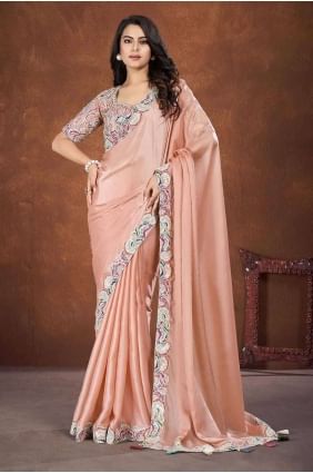 Peach Saree with Thread,embroidered Silk crepe SR27037