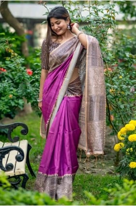 Purple Printed Tussar silk Saree SR27074