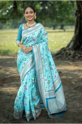 Banarasi silk Printed Sky blue Saree with Blouse SR27077