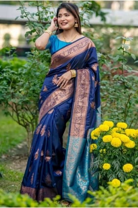 Tussar silk Nevy blue Saree in Zari SR27093